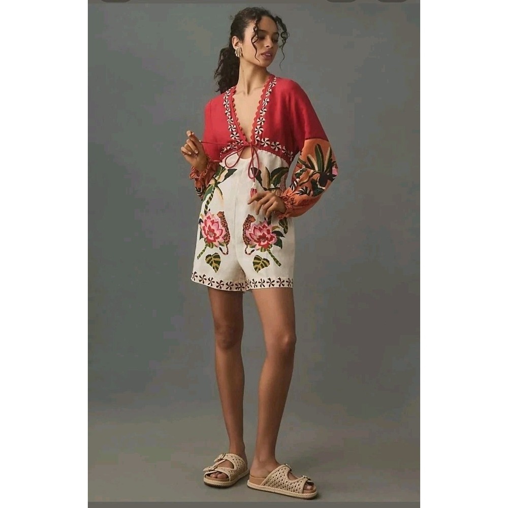 Farm Rio Anthropologie Romper Shorts Top Long Sleeve Medium NWT Sold Out